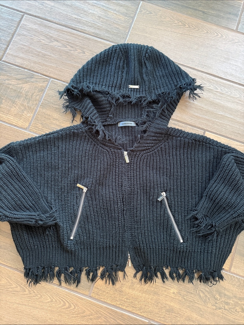Maniere de Voir Black Cropped Knit Zip Hoodie Cardigan with Fringe Trim
